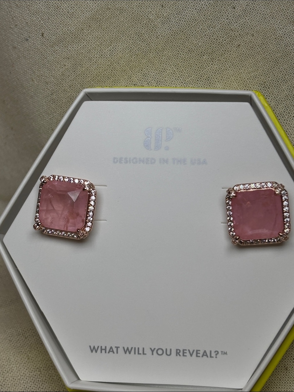 Timeless Summers Pink Square Crystal Halo Stud Earrings on Rose Gold